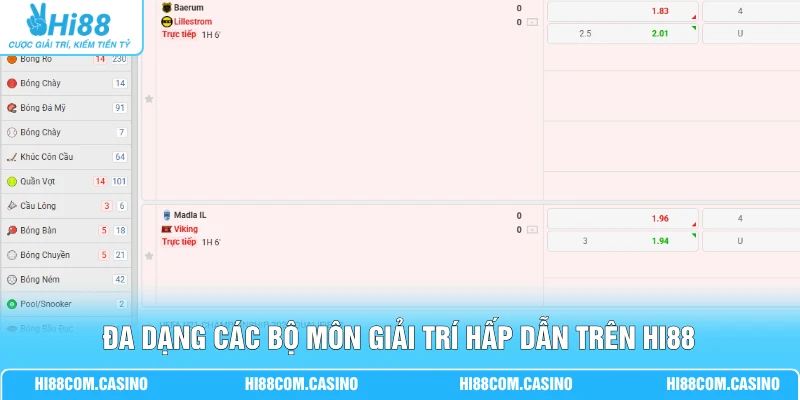 Đa dạng các bộ môn giải trí hấp dẫn trên Hi88